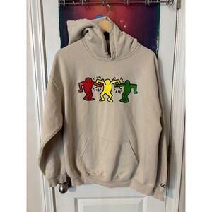 Keith Haring Graphic Hoodie Tan Sand Dancing Figures Streetwear Sweatshirt Large
